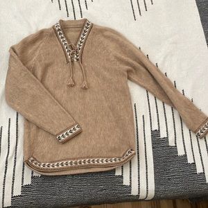 Vintage Shag Knit Sweater with Tie and Embellished Trim